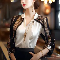 2024 Spring Autumn New Women's Elegant Simplicity Appear Thin Versatile Long Sleeve Printed V-Neck Patchwork Chiffon Tops