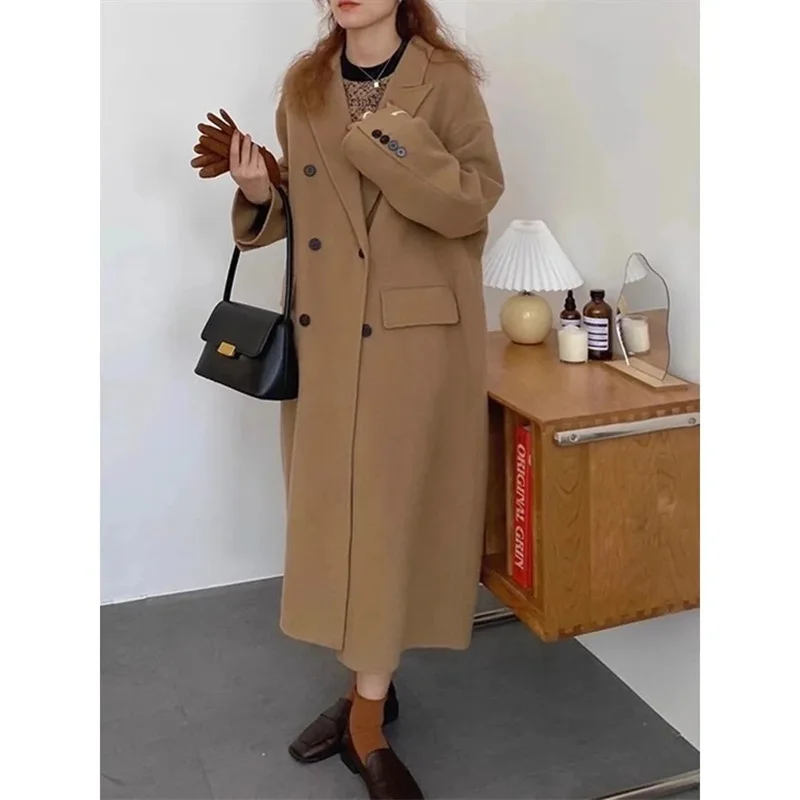 New Autumn Winter Long Coat Women's Loose Fit Medium Length Hepburn Style Woolen Jacket Thick Full Sleeve Solid Color