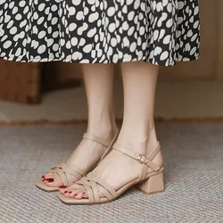 Sandals for Woman Footwear with Medium Heels Open Toe Summer 2024 High Thick Heel Women's Shoes Luxury on Offer Designer Casual