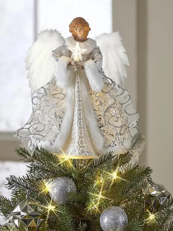 Christmas Angel Tree Topper Angel Pendant Tree Topper With Light Acrylic Angel Figurine Xmas Treetop Festival Party Ornament