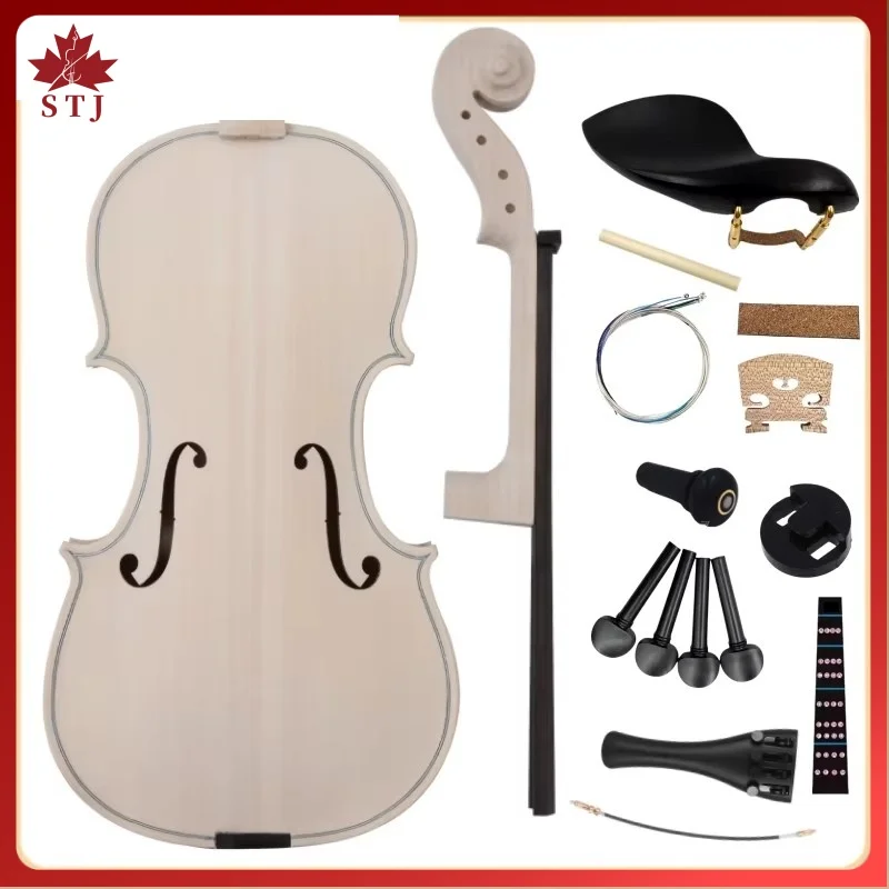 4/4 Unvollendete Weiße Violine 3/4 1/2 Fiddler, Rückseite aus Natürlichem Getrocknetem Ahorn, Decke aus Fichte, Massivholz DIY Weiße Violine mit Ebenholz-Zubehör