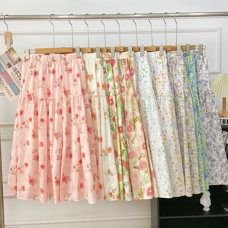 

Ретро-юбка миди А-силуэта с цветочным кружевом и высокой талией, женская летняя новинка, стройнящая, средней длины