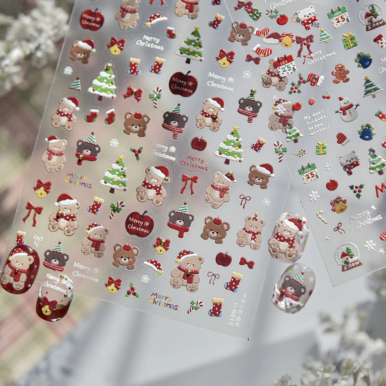 Christmas Festive 5D Nail Stickers Snowman Gingerbread Kitten Snow Globe Gift Box Cherry Heart Tree Holiday Nail Decal Manicure