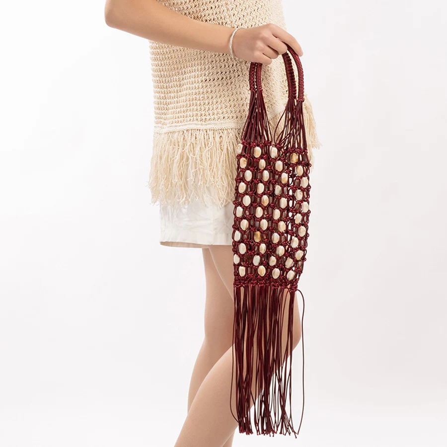 

Casual Bali Small Wax Rope Handbag Summer Beach Shoulder Bag Bohemian Tassel Woven Women Tote Tassel Design Hollow Purse