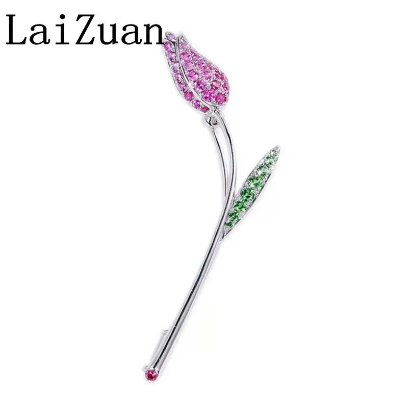 Laizuan Solid 18K AU750 White Gold Tulip Flower Pink Sapphire Brooch Real Tsavorite Anniversary Personality Jewelry Handcrafted