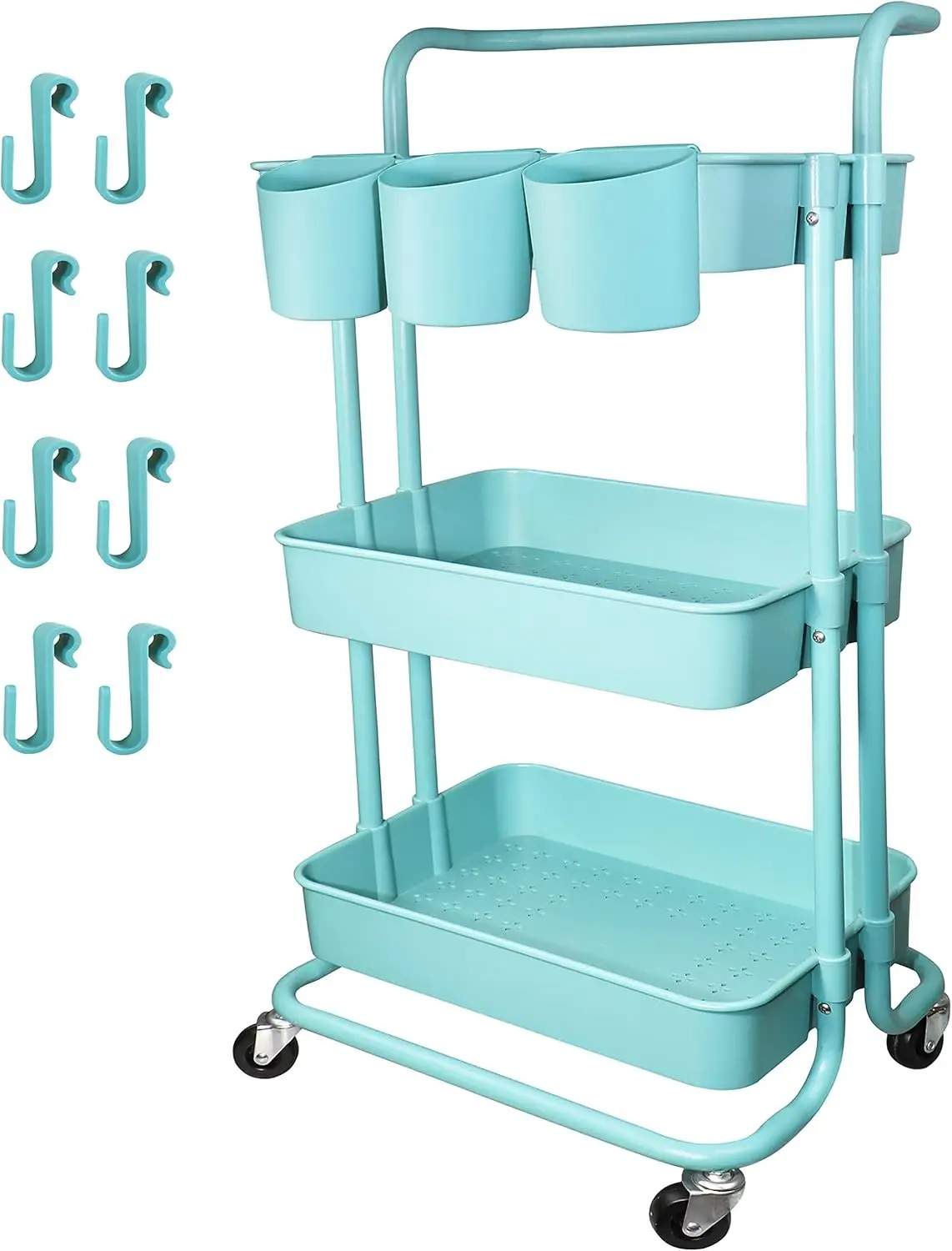 

3 Tier Utility Rolling Cart Multifunction Organizer Shelf Storage Cart with 3 Piece Cups and 8 Piece Hooks for Home Kitchen Bath