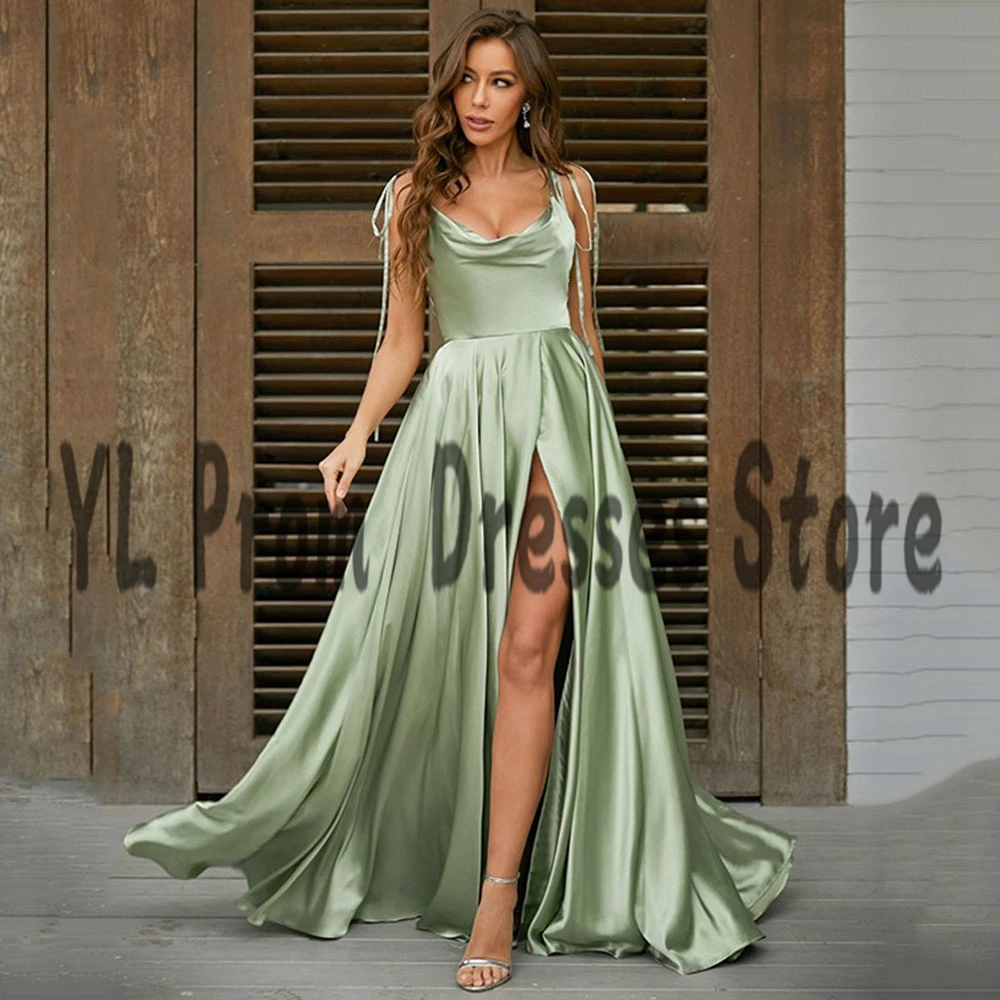 YL – robe de soirée en Satin pour femmes, tenue de demoiselle d'honneur élégante avec nœud, bretelles spaghetti, ligne a, fente avant