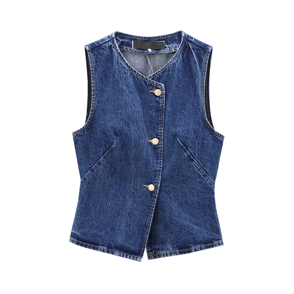 PB&ZA2024 autumn new women\'s clothing fashionable temperament waist cinching and slimming denim sleeveless round neck vest