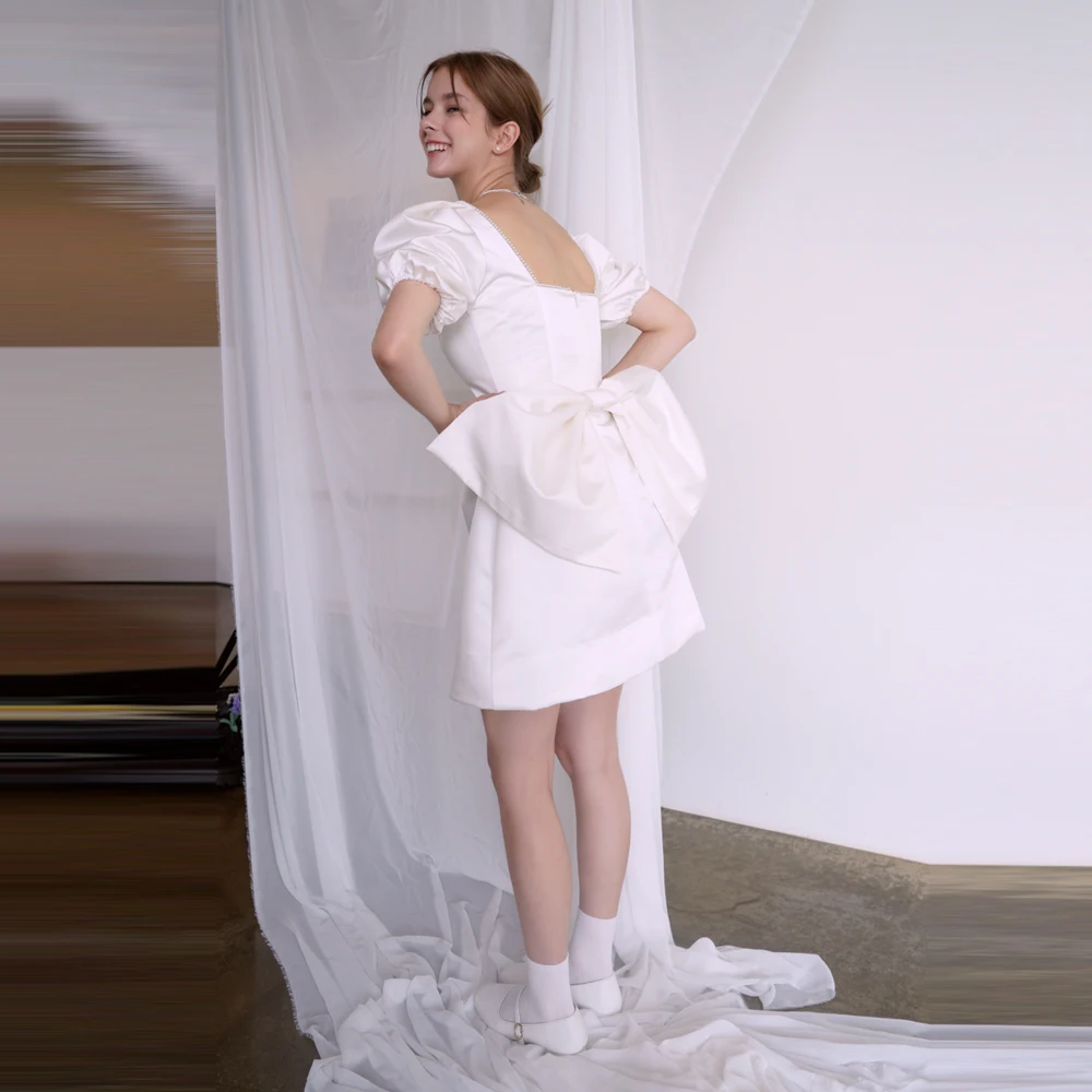 فستان الحفلة الراقصة على شكل حرف A فستان قصير للحفلات الراقصة فساتين كوكتيل من الساتان بطول الشاي فستان حفلة موسيقية مثير بنصف الأكمام #6