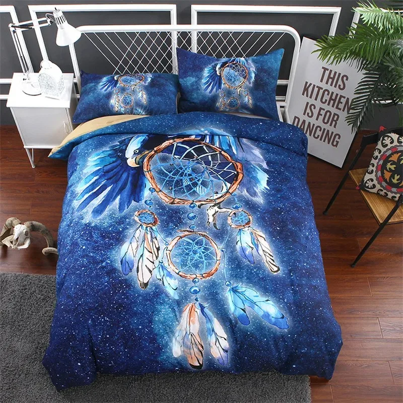 

Dreamcatcher Duvet Cover Sets Bohemian Magic Feather Blue Galaxy Bedding Set Luxury Dream Catcher Comforter Cover Set Full Size