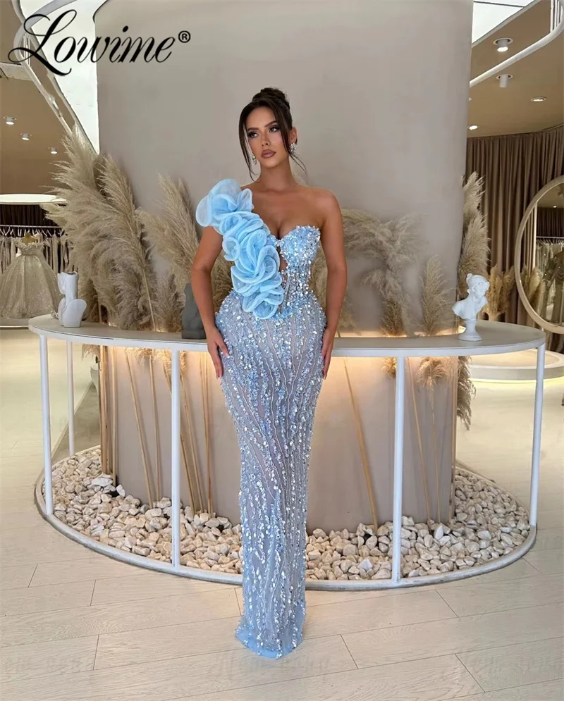 Sky Blue Sequins Ruffles Evening Dress Floor Length Mermaid Prom Gowns Sleeveless Wedding Party Dress Birthday Customized Robe