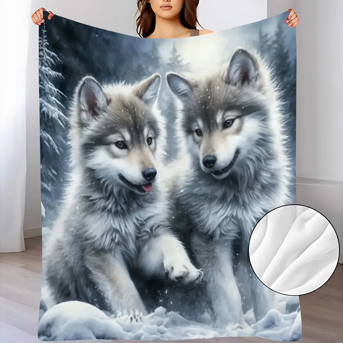 Cute Wolf Cub Pattern Flannel Small Throw Blanket, Soft and Warm Blanket, Suitable for Sofa Blanket, Home Leisure Blanket, Air C