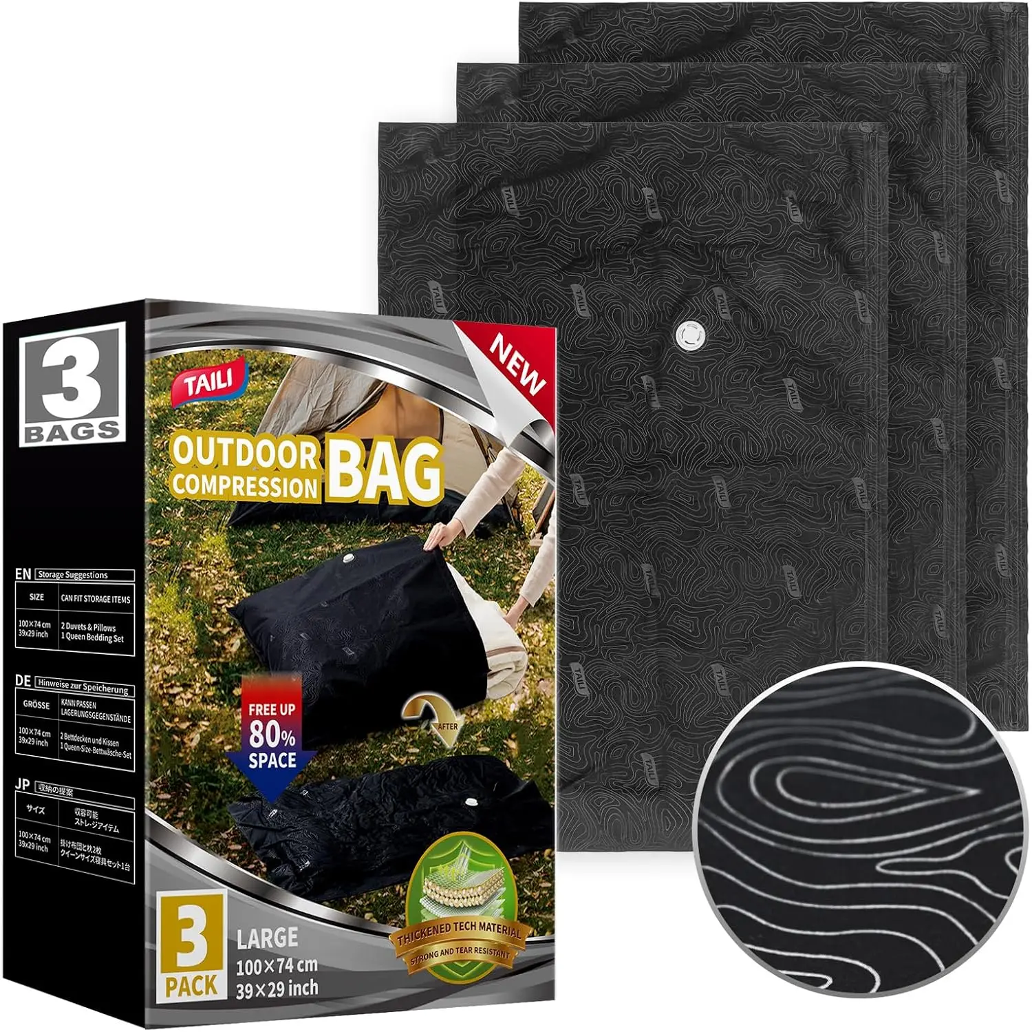 

Outdoor Vacuum Storage Bags 3 Pack, Travel Compression Bags 39x29 inch, Tear-Proof for Camping Cushion Clothing with Airtight