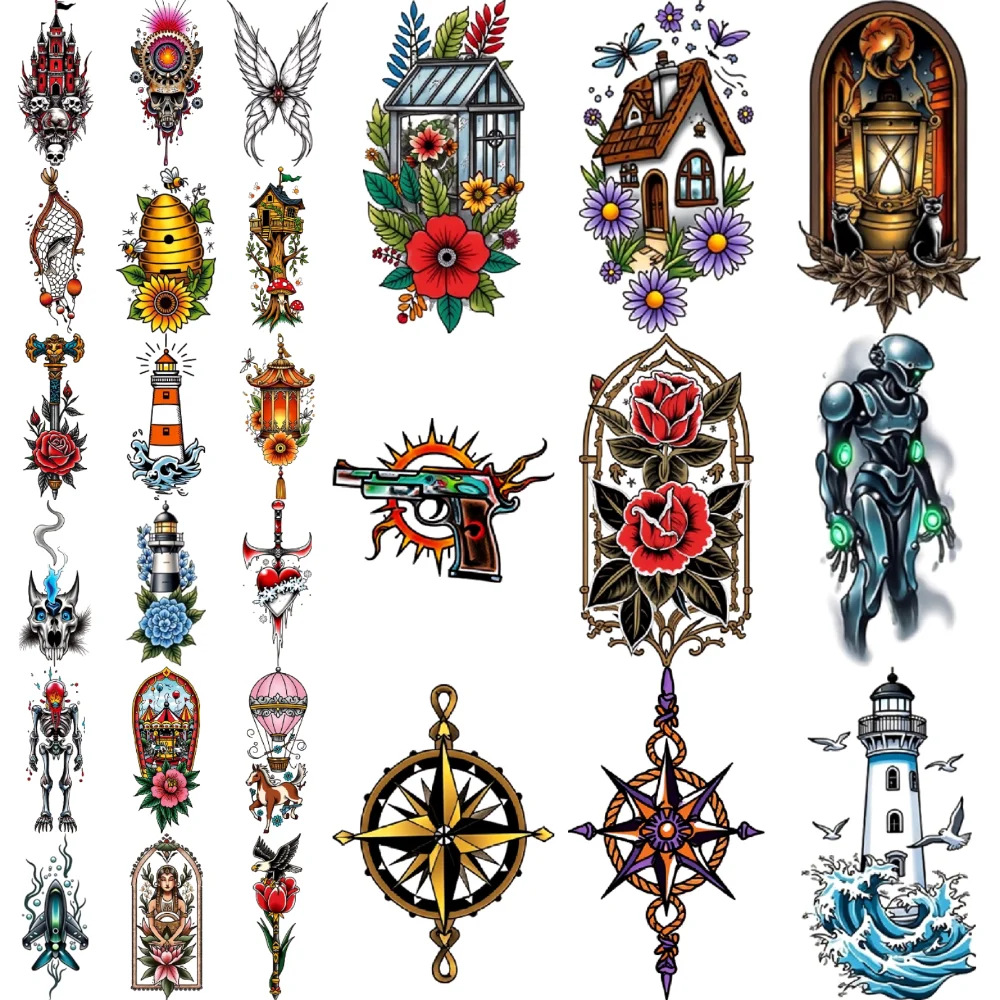 

28pcs Temporary Tattoo Hanging Lantern New School Traditional Hot Air Balloon Butterfly Wings Temporary Tattoo Stickers For