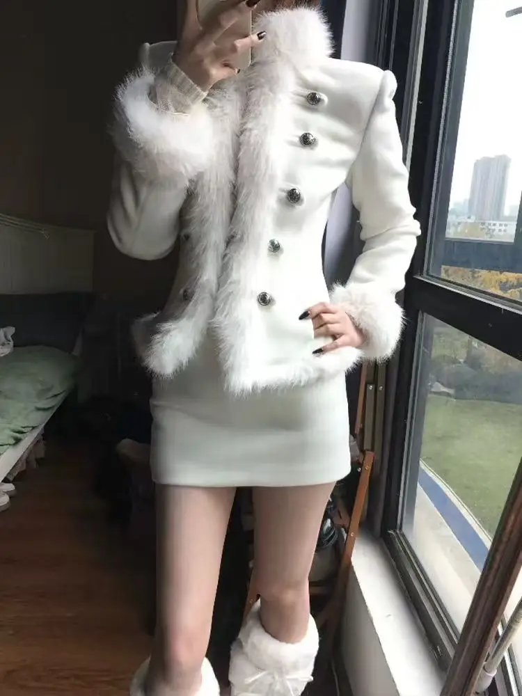 Vintage subculture black woolen coat women high street gothic punk slim 2-piece set pleated skirt outfits AliExpress