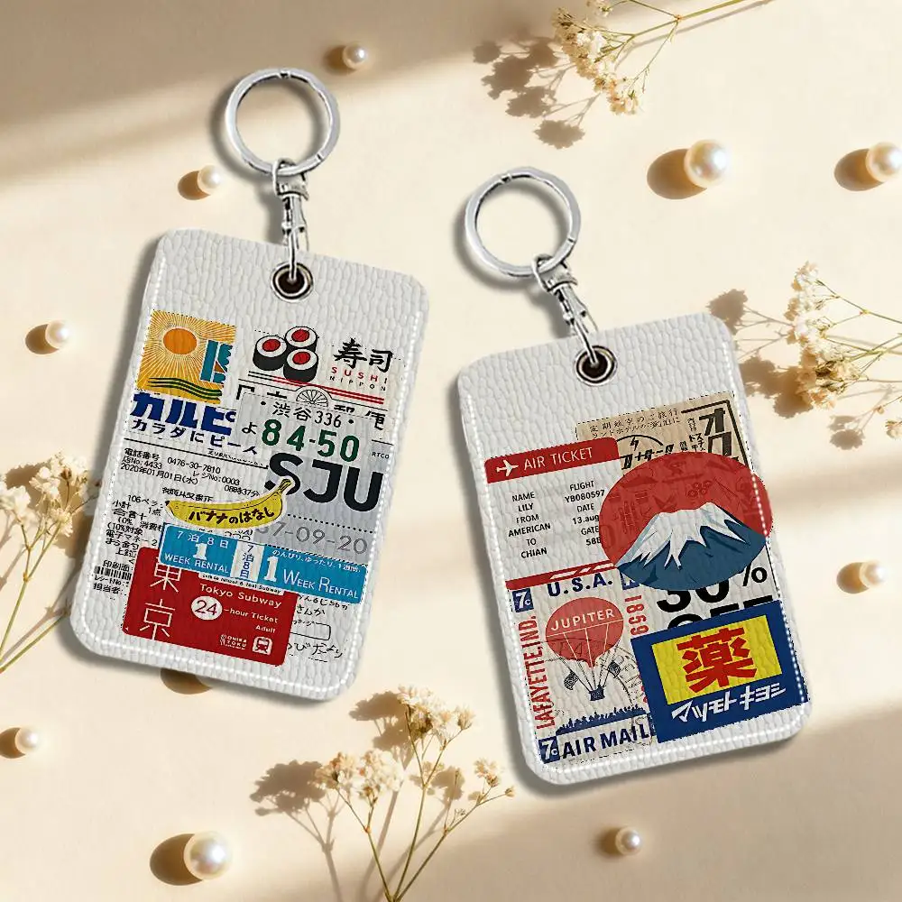 Retro Collage Japanese Style Ticket Sushi Keyring Leather Access Card Holder Keychain Community Proximity Card Protective Case