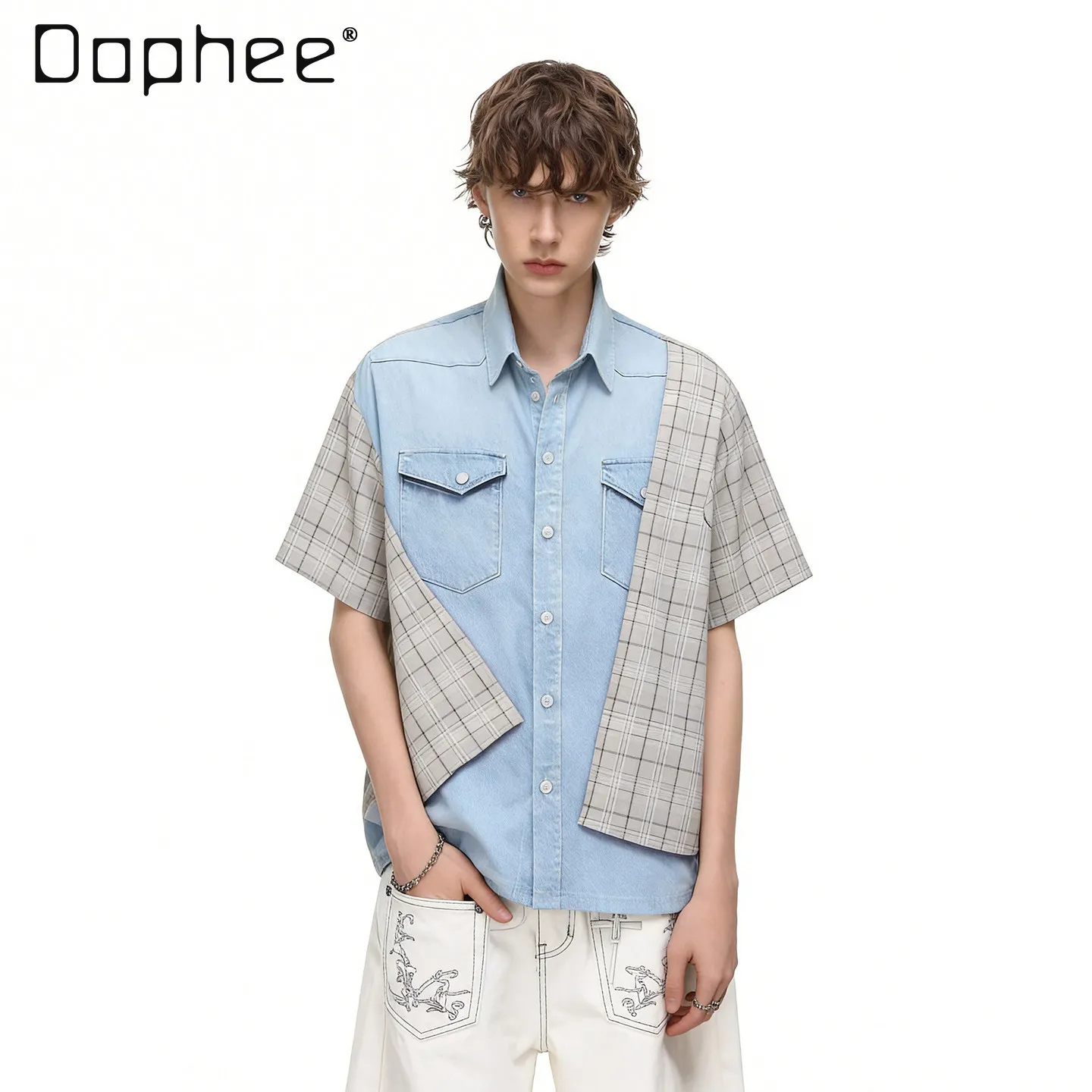 Summer Men's American Vintage 3D Denim Plaid Print Shirt Loose Fit Casual Short Sleeve Top with Patchwork Graphic for Daily Wear