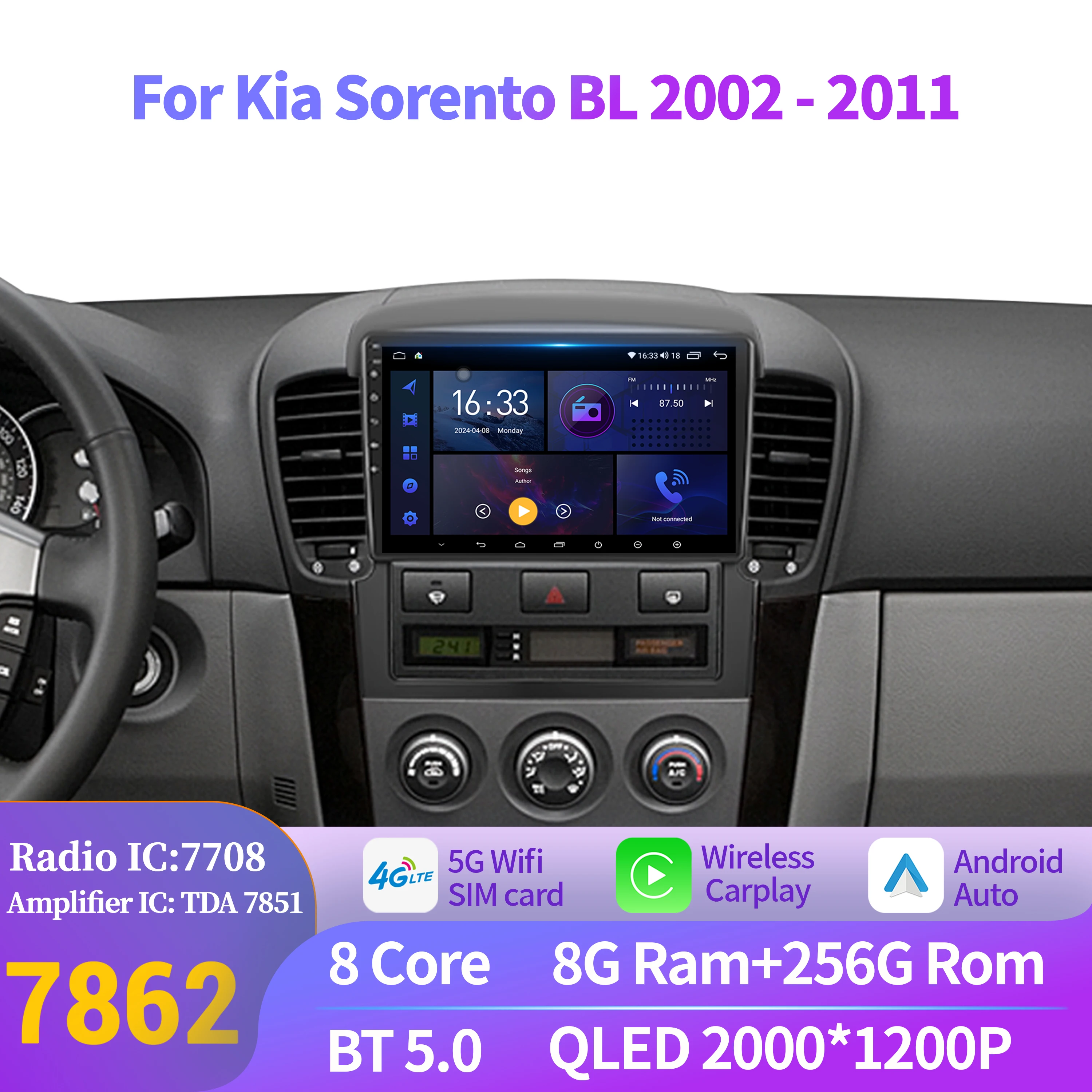 

For Kia Sorento BL 2002-2011 Wireless BT CarPlay Android 14 Radio Car Multimedia Player 7862 8+256 radio Touch 2K QLED Screen