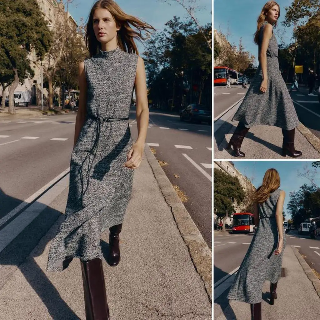 Slim Textured Midi Dress Mock Neck Sleeveless Waist Belt High Waist A Line Flared Long Women Elegant Commuter Dress 260702