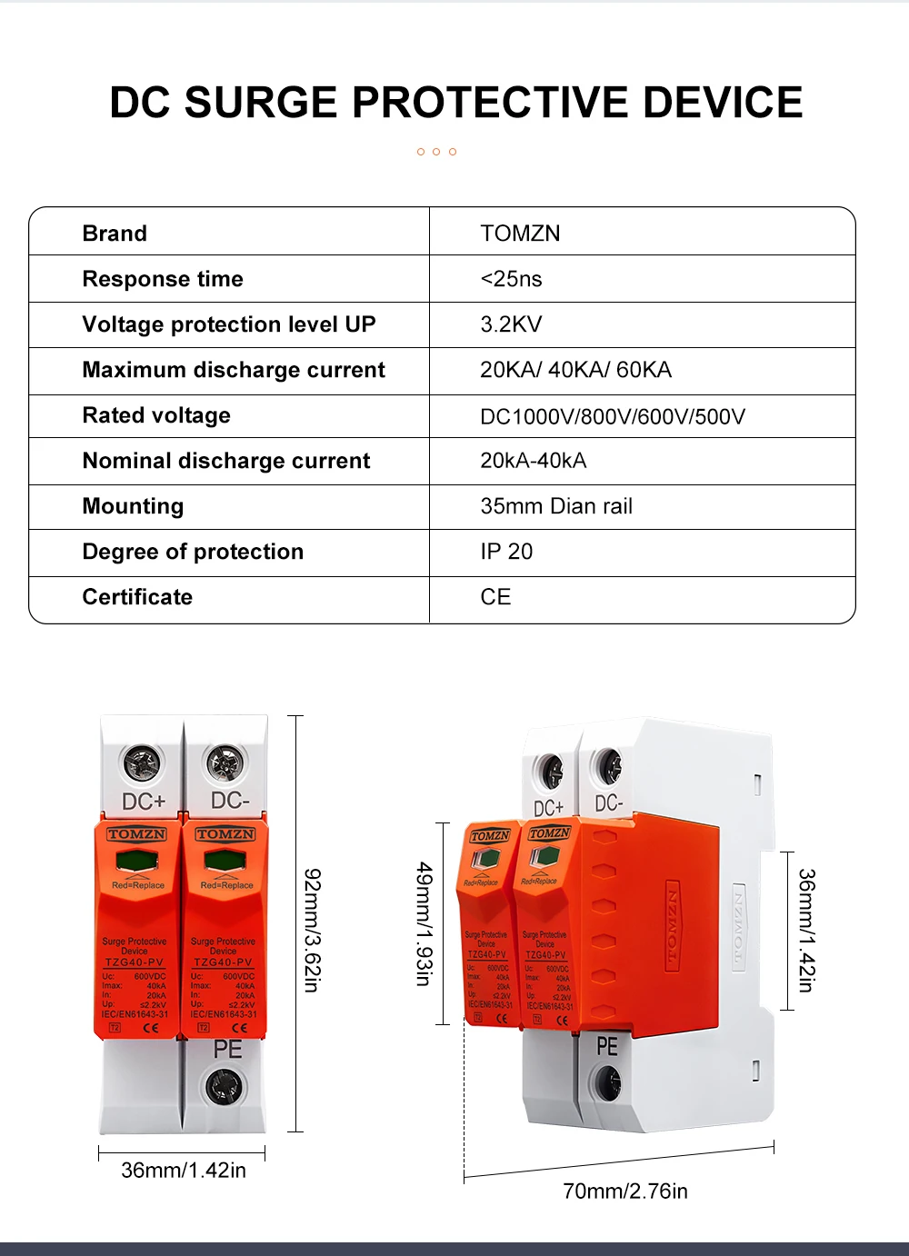 TOMZN SPD DC 500V 600V 800V 1000V 10kA 20kA 30kA Haus Überspannungsschutz Schutz Niederspannungs-Ableitergerät T2 PV Solarsystem – Detail 11