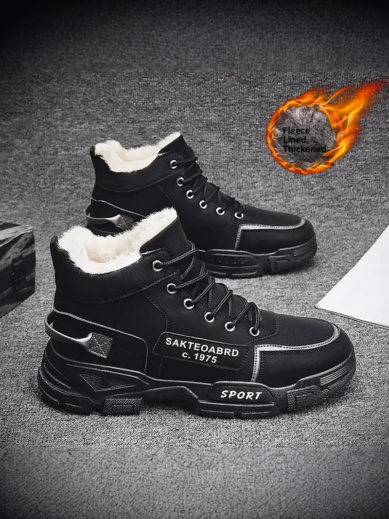 Thickened Fleece Lined High Top Snow Boots Men's Winter Warm Sports Casual Anti-slip Retro Work Boots Synthetic Leather