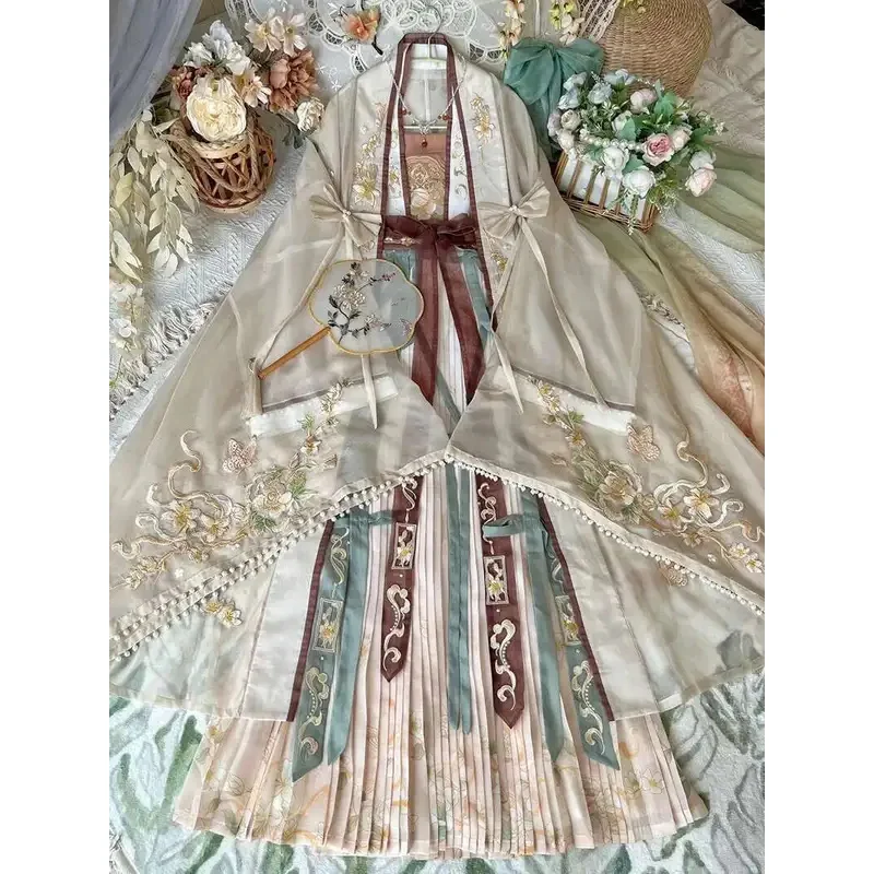 

DY20Hanfu платье женское древнее китайское Hanfu комплекты из 4 предметов женская фея косплей костюм летнее танцевальное платье Hanfu бежевый праздничный наряд25