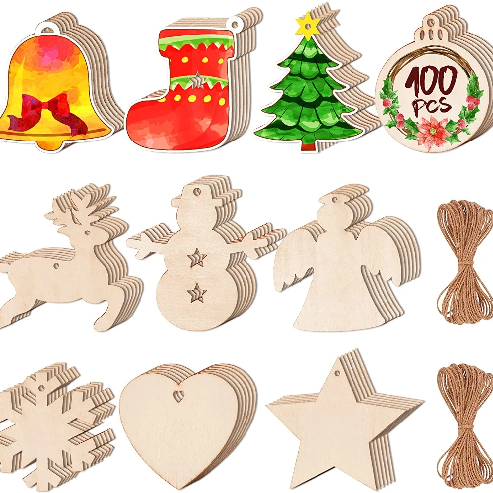 10Pcs Wooden Christmas Tree Hanging Pendants Unfinished blank Wooden Pendants Ornaments with Hemp rope DIY Craft Hone Decor