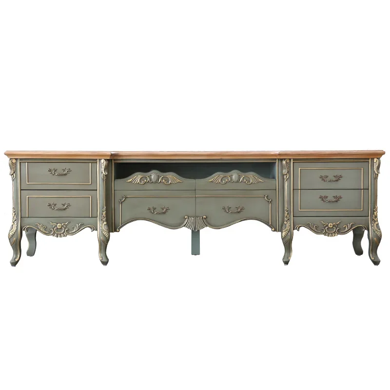 

French solid wood hand-carved TV cabinet gold-painted French light luxury floor neoclassical solid wood drawer