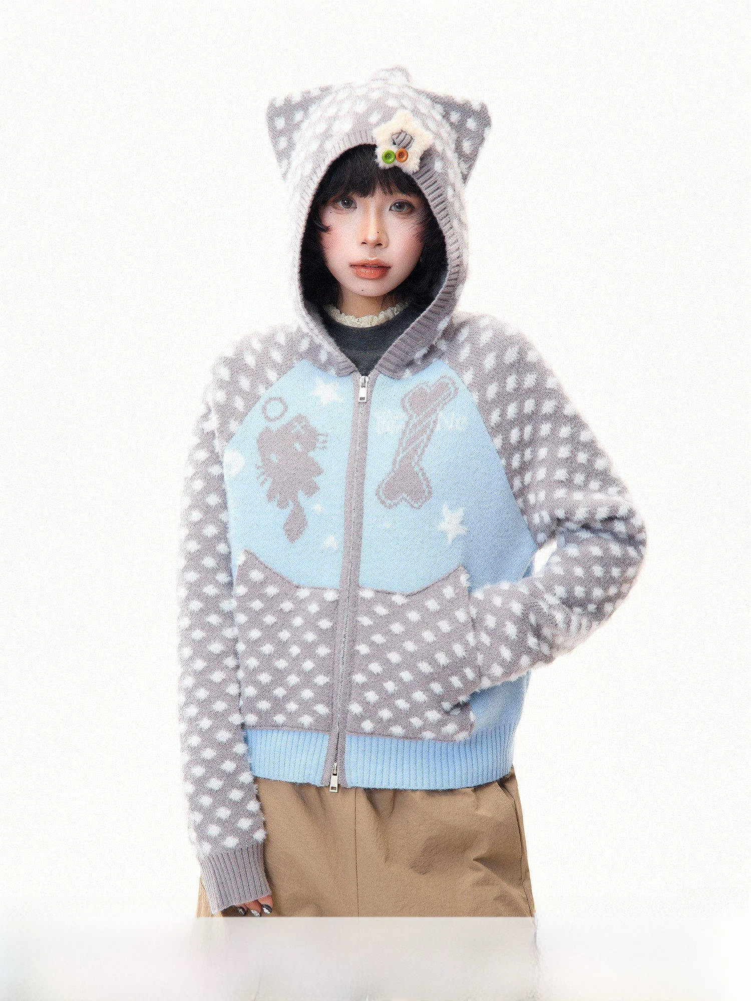 

Cute Ear Hoodie Knitted Sweater Women's ort Sle Warmth Winter Top Soft Acrylic Fabric Long Sve B Class Se