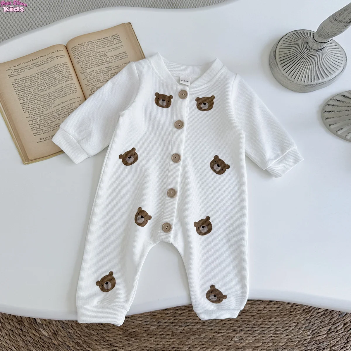 

Cartoon Baby Fashion Children Waffle Knit Baby Boys Romper Bear Print Snap Front Onesie 0-2Y Newborn Baby Girls DailyOutfit