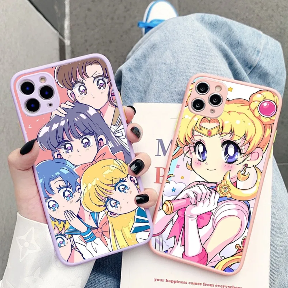 S-Sailor Cartoon Girl Moon Phone Case For IPhone 14 11 12 13 Mini Pro Max 8 7 Plus X XR XS MAX Translucent Matte Cover