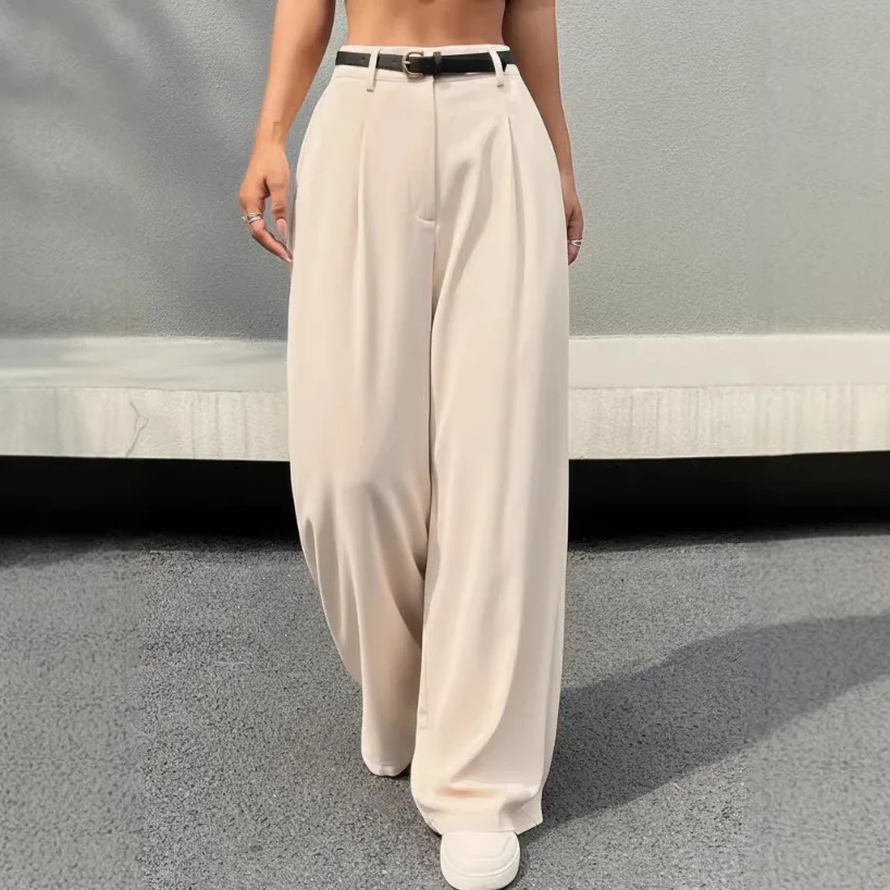Women's Solid High Waist Pleated Belted Loose Wide Leg Floor Length Comfortable Casual Versatile Trendy Daily Elegant Trousers