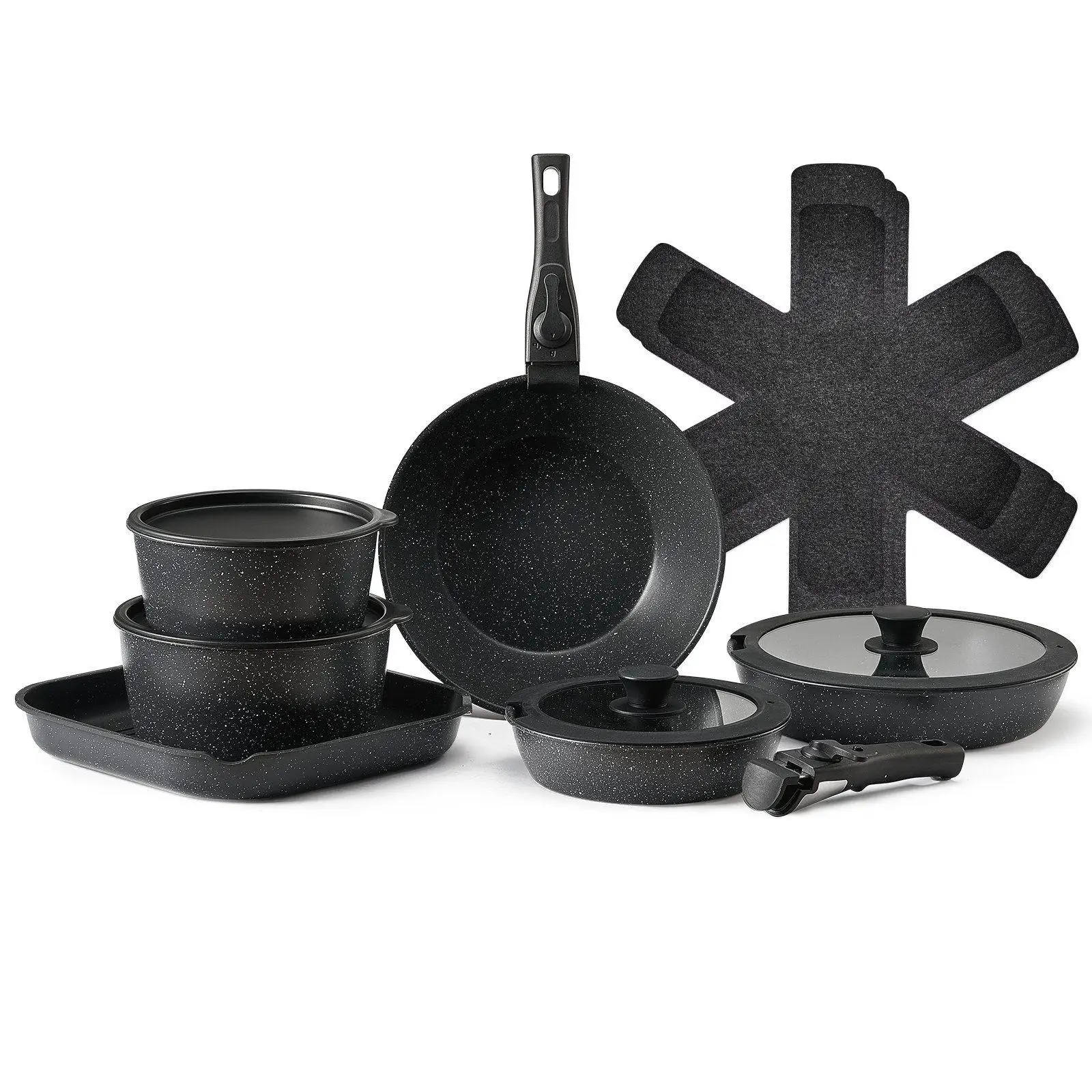17 Piece Nonstick Cookware Collection Granite Finish 2.5mm Base for Even Heating Fits Cabinet RV Use