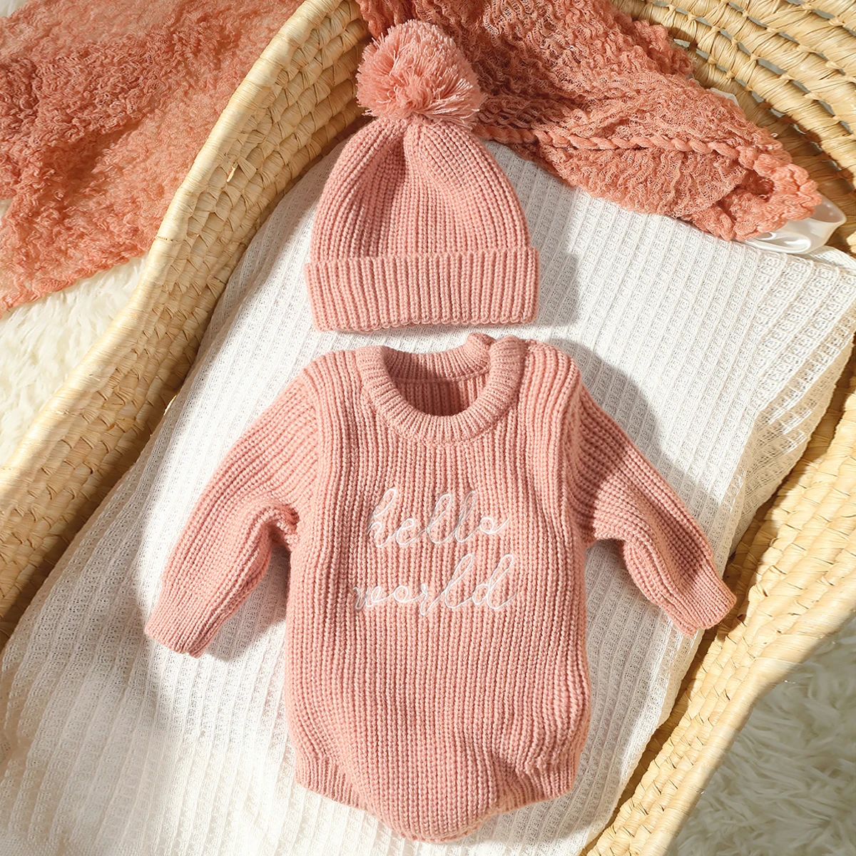 Ylsteed Hello World Knitting Newborn Photography Romper with Matching Pomp Hat Baby Boy Girl Sweater Outfits for Photo Shooting