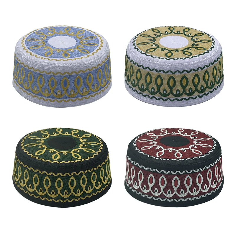 Moda ricamo cappello musulmano uomo preghiera culto cappelli casual festa di nozze Arabia Saudita turbante islamico 54-59 cappello a sommità piatta