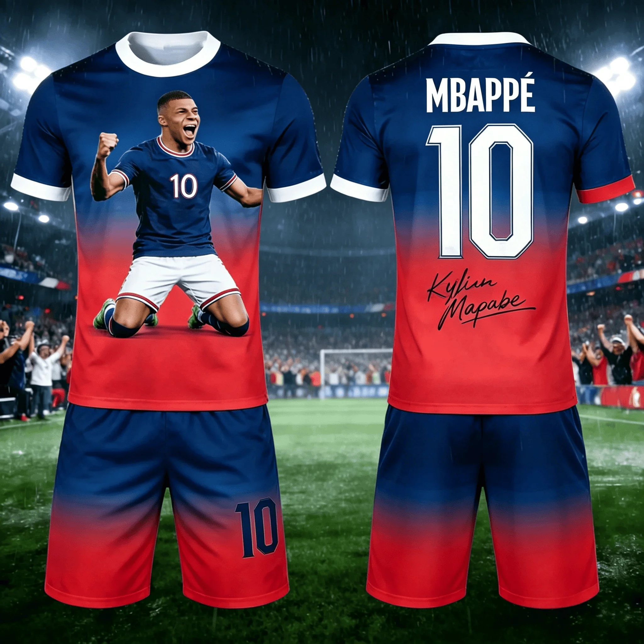 Mbappe No.10 Portrait Shirt Set Gradient Contrast Craft Large Loose Breathable Adult/Children's FamilyMatchingkids T-shirt