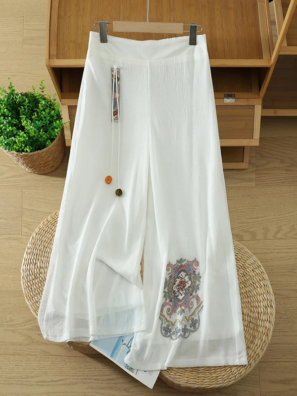

Korean Chinese Style Wide Leg Pants Summer Thin Embroidered Ice Silk Straight Tube Pants High Waist Artistic Loose Fit Casual