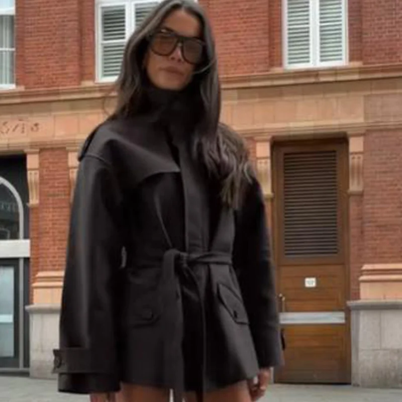 Minimalist Women Workwear Jacket Standing Collar Epitape Belts Strap Short Trench Coat Spring Fall Fashion High Street Outfit