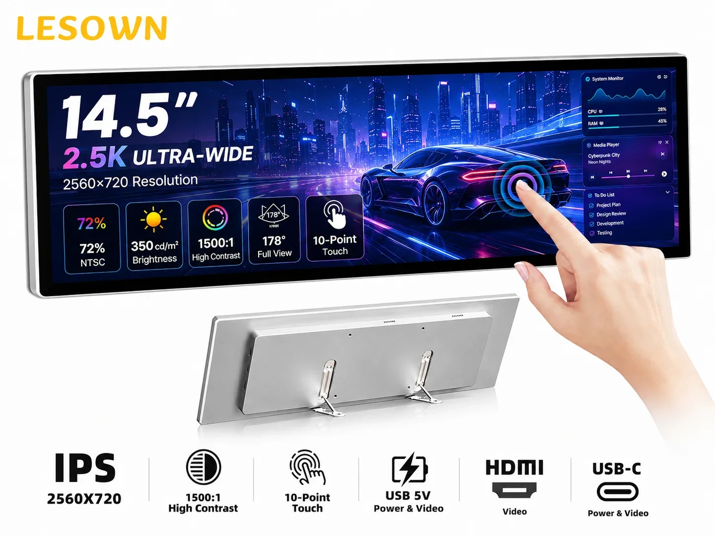 LESOWN 14.5 Inch Portable Monitor 2560x720 16:4 Ultra Wide Touch Screen Type-C HDMI External Display VESA 75 for Laptop PC