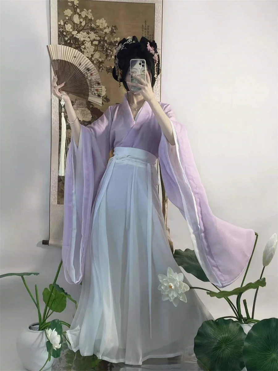 

Chinese Hanfu Dress Women Fairy Cosplay Costume Ancient Vintage Tencel Chiffon Purple Hanfu Tang Suits Party Dress