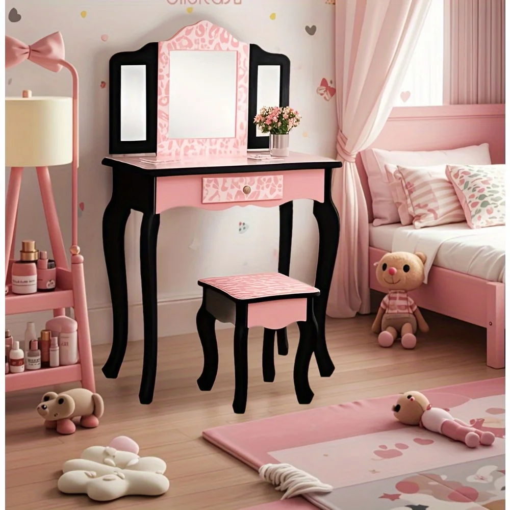 

Girls' Pink Princess Vanity Set with Stool - Modern Dressing Table with 3 Mirrors, Frame & MDF Tabletop Suitable for Kids