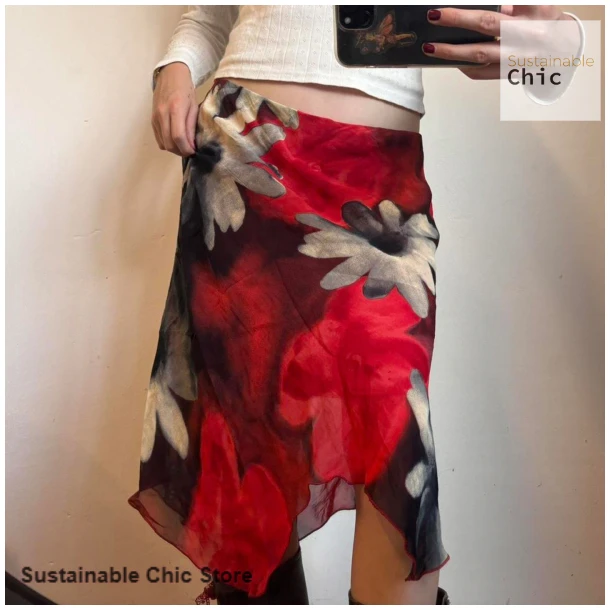 American retro flower printing mesh stitching irregular skirt female summer new fashion holiday style slim low waist overskirt