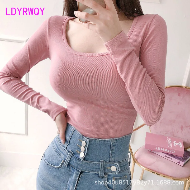 

Autumn and Winter New Show Body U-Neck Tight Thread Short Fit Sexy Exposed Umbilical Long Sleeve Underlay T-shirt