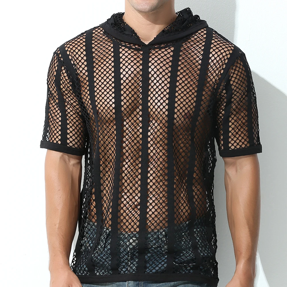 Sexy Mesh Men Hooded T-shirts Undershirts Hoodies Fishnet See Through Shorts Sleeve Top Tee Sports Breathable Singlet Vest Shirt