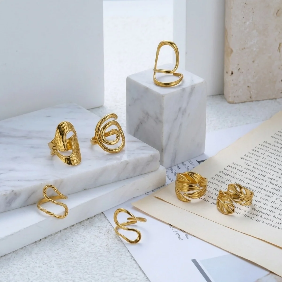 Punk-Ringe aus gehämmertem Edelstahl mit hohlem S-förmigem Blütenblatt- und Spiral-Design für Damen und Herren, trendiger geometrischer stapelbarer Fingerring-Schmuck – Detail 17