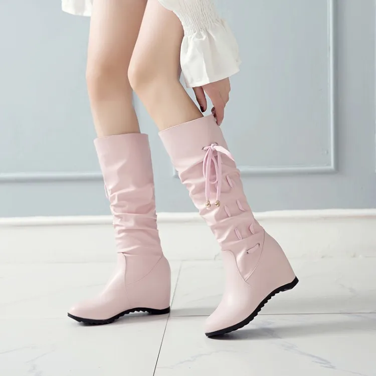 2024 Winter Wedges Women Boots Fashion Pink High Heels Slip On Women's Mid Calf Boots Round Toe Stacking Boots