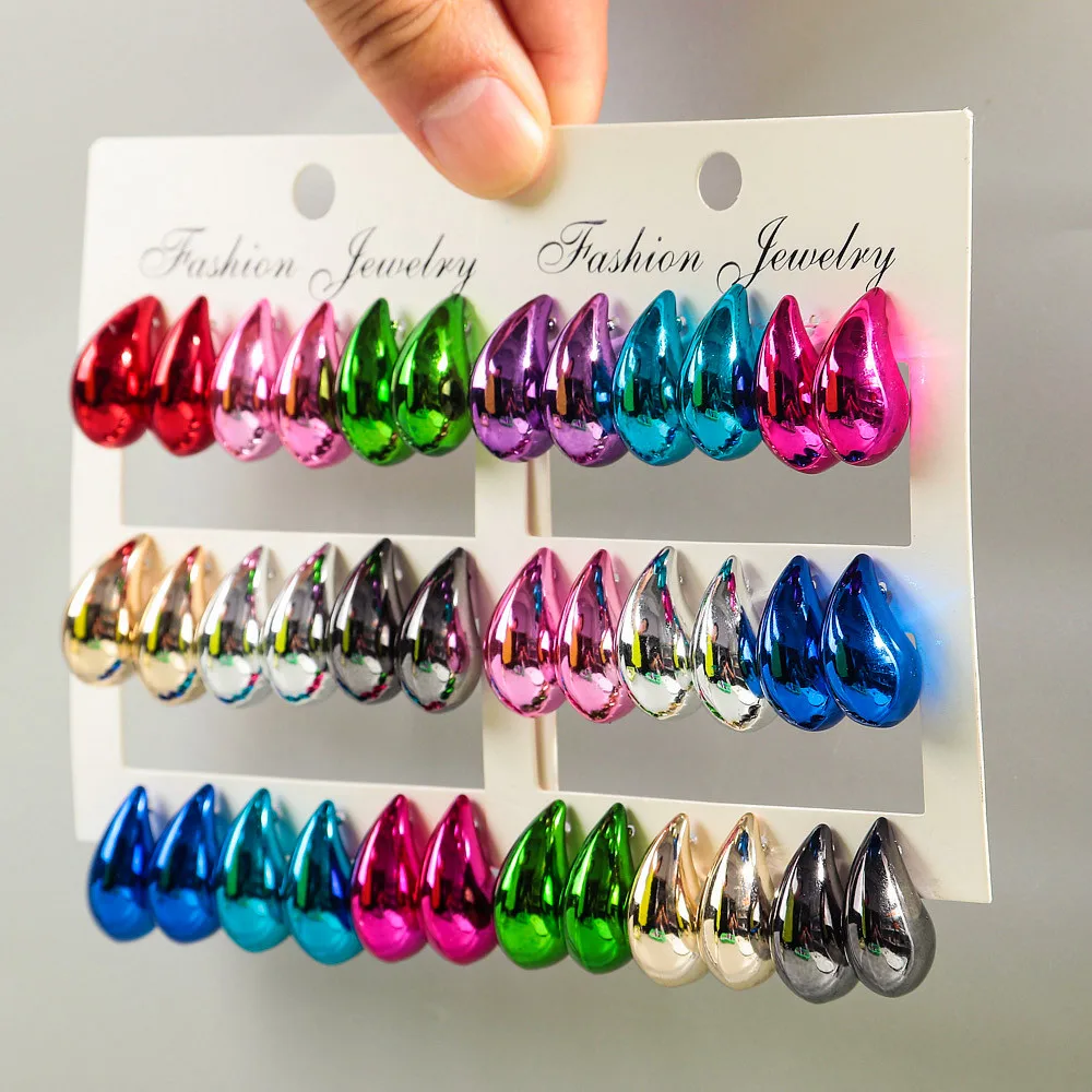 9 Pair/Set Acrylic Small Waterdrop Y2K Hoop Earrings Dupes for Women Thick Metallic Color Tear Drop Earring Lightweight Jewelry