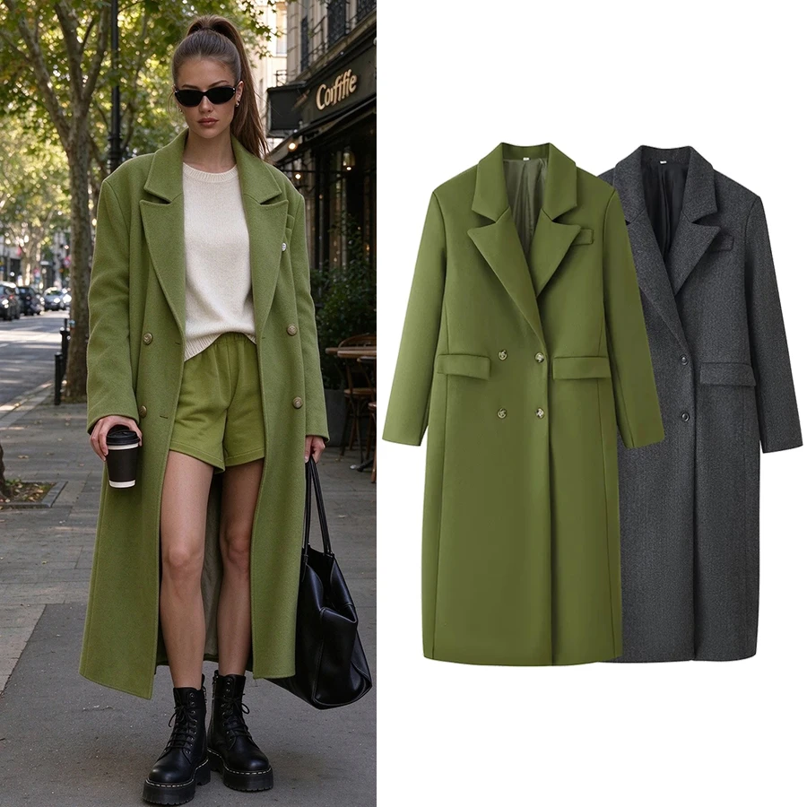 Women Elegant Woolen Overcoat Women Solid Lapel Double Breasted Full Sleeve Long Coat 2026 Autumn Winter Fashion Lady Outwear