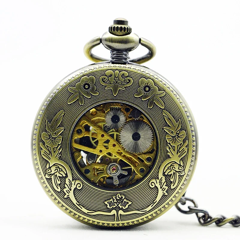 Pocket Watch Mechanical Mens Vintage Pendant with Chain Clock Steampunk Hand Wind Fob Watch