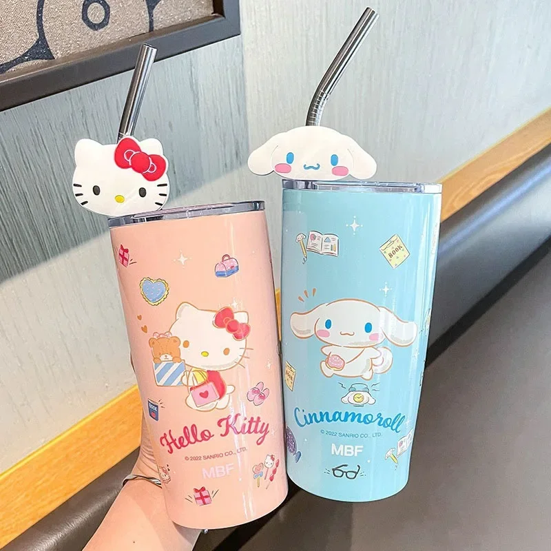 

600ML Sanrio Thermos Cup Kawaii Hello Kitty Kuromi Student Anime Cartoon Cute Portable Straw Large Capacity Water Bottle Gift